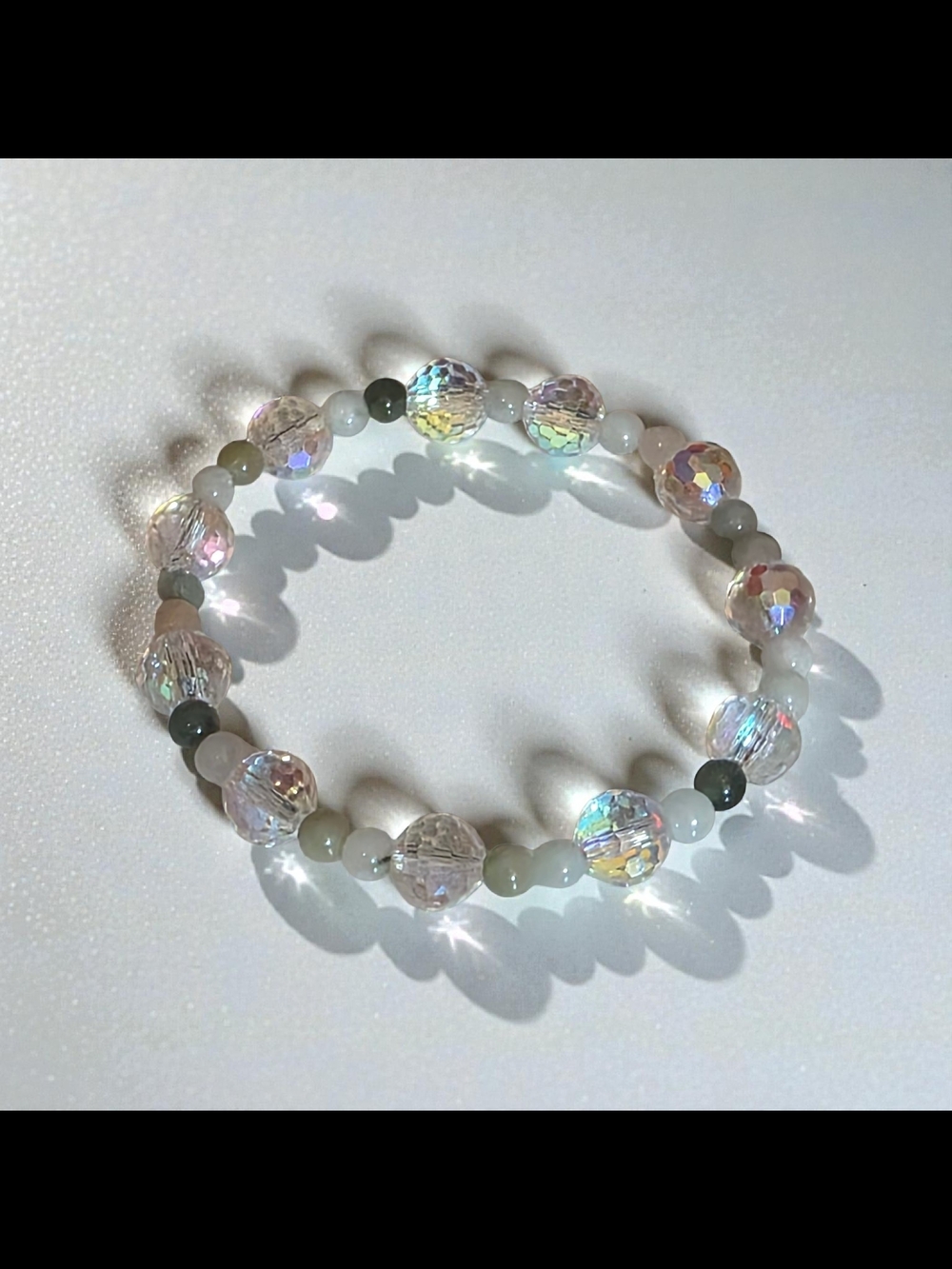 Crystal and Jadeite Beaded Stretch Bracelet Iridescent Shimmer